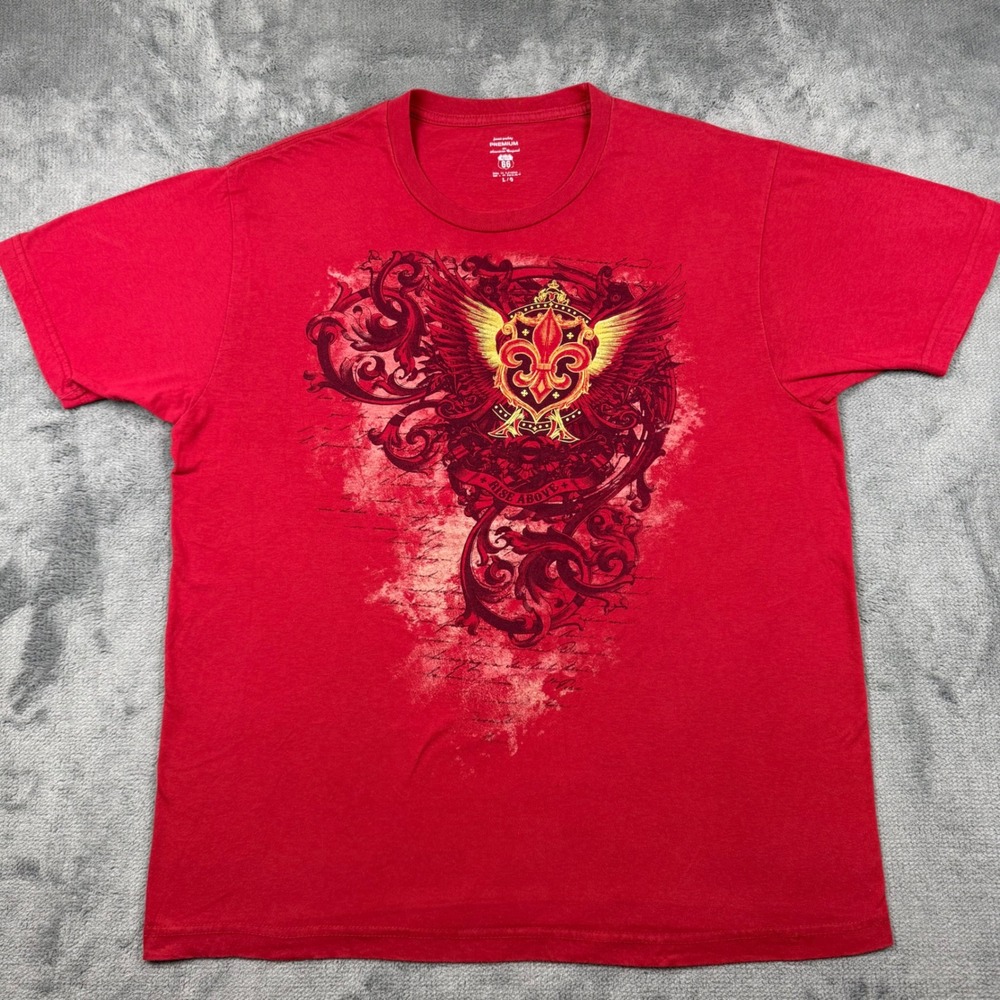 Route 66 Y2K Mens Red Graphic T-Shirt Winged Fleur De Lis Rise Above Large
